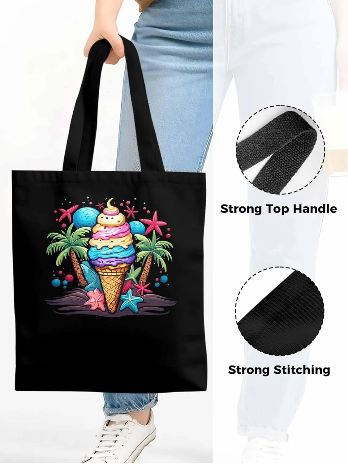 Canvas Tote Bag, Palm Tree Summer Ice Cream Aesthetic Canvas Tote Handbags for Women Shoulder Bag