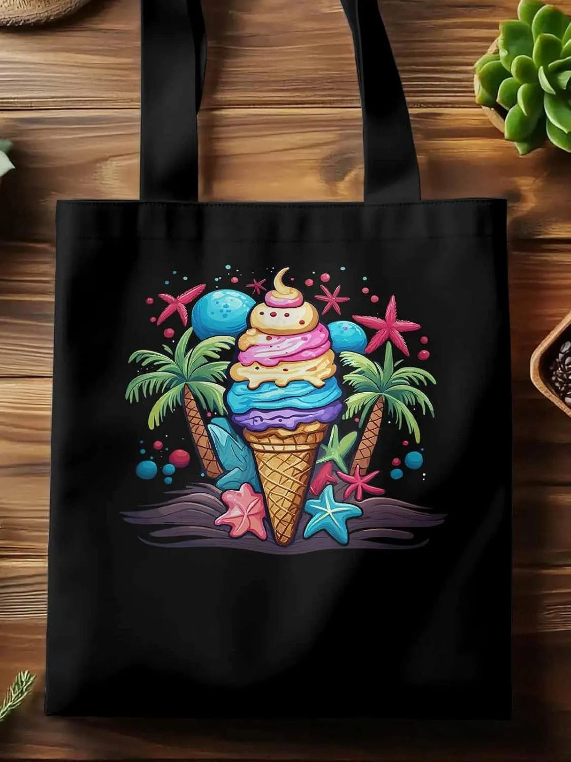 Canvas Tote Bag, Palm Tree Summer Ice Cream Aesthetic Canvas Tote Handbags for Women Shoulder Bag