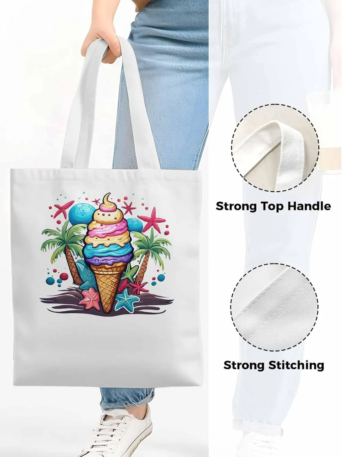Canvas Tote Bag, Palm Tree Summer Ice Cream Aesthetic Canvas Tote Handbags for Women Shoulder Bag