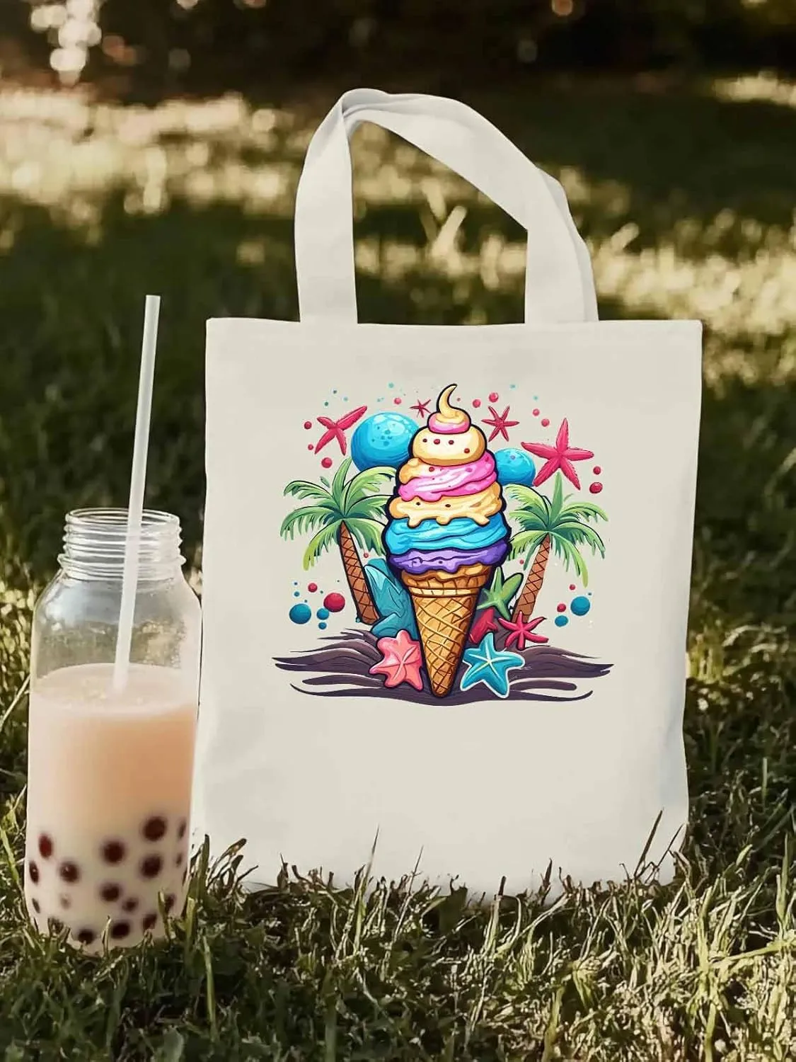 Canvas Tote Bag, Palm Tree Summer Ice Cream Aesthetic Canvas Tote Handbags for Women Shoulder Bag