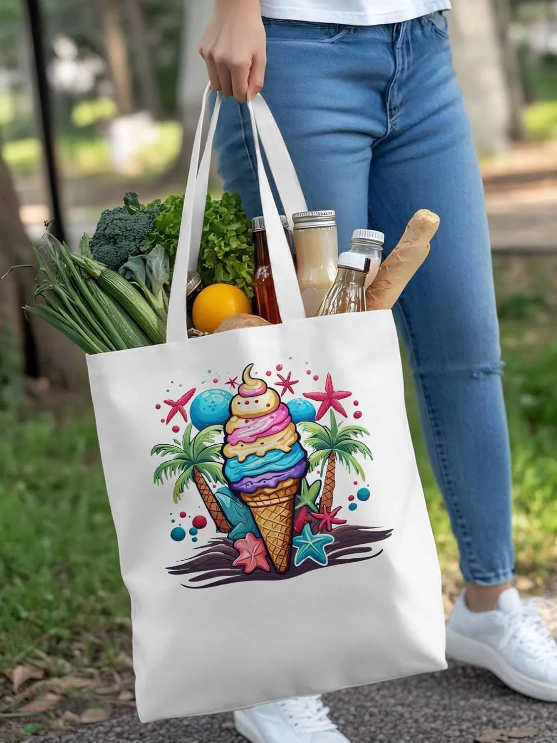 Canvas Tote Bag, Palm Tree Summer Ice Cream Aesthetic Canvas Tote Handbags for Women Shoulder Bag