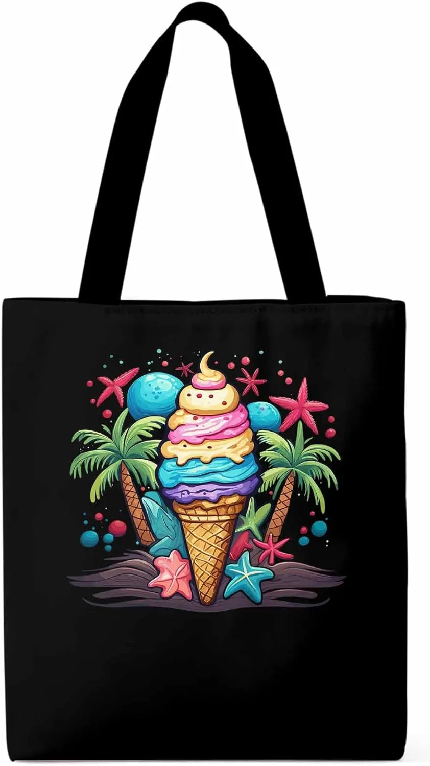Canvas Tote Bag, Palm Tree Summer Ice Cream Aesthetic Canvas Tote Handbags for Women Shoulder Bag