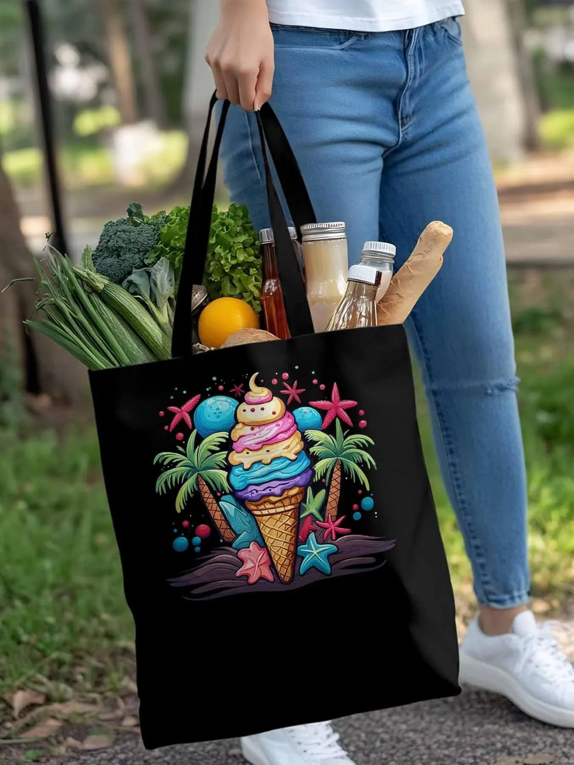 Canvas Tote Bag, Palm Tree Summer Ice Cream Aesthetic Canvas Tote Handbags for Women Shoulder Bag