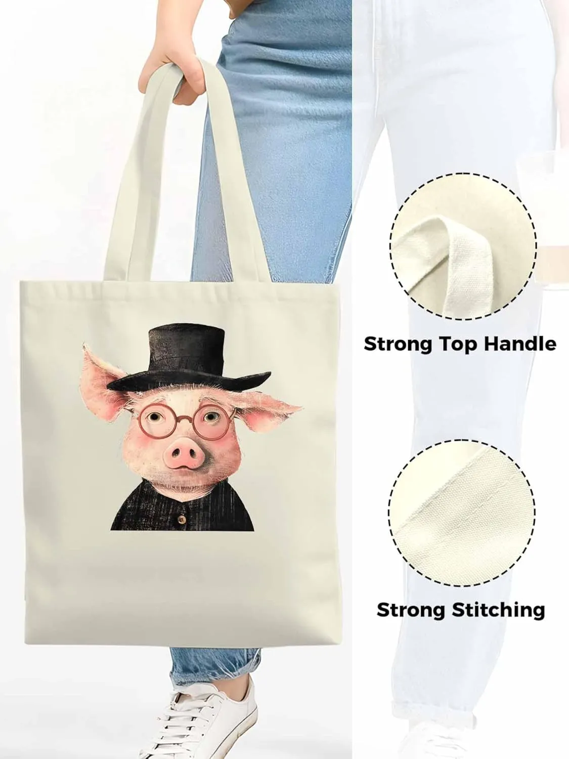 Canvas Tote Bag, Pig Aesthetic Canvas Tote Handbags for Women Shoulder Bag Animals Print