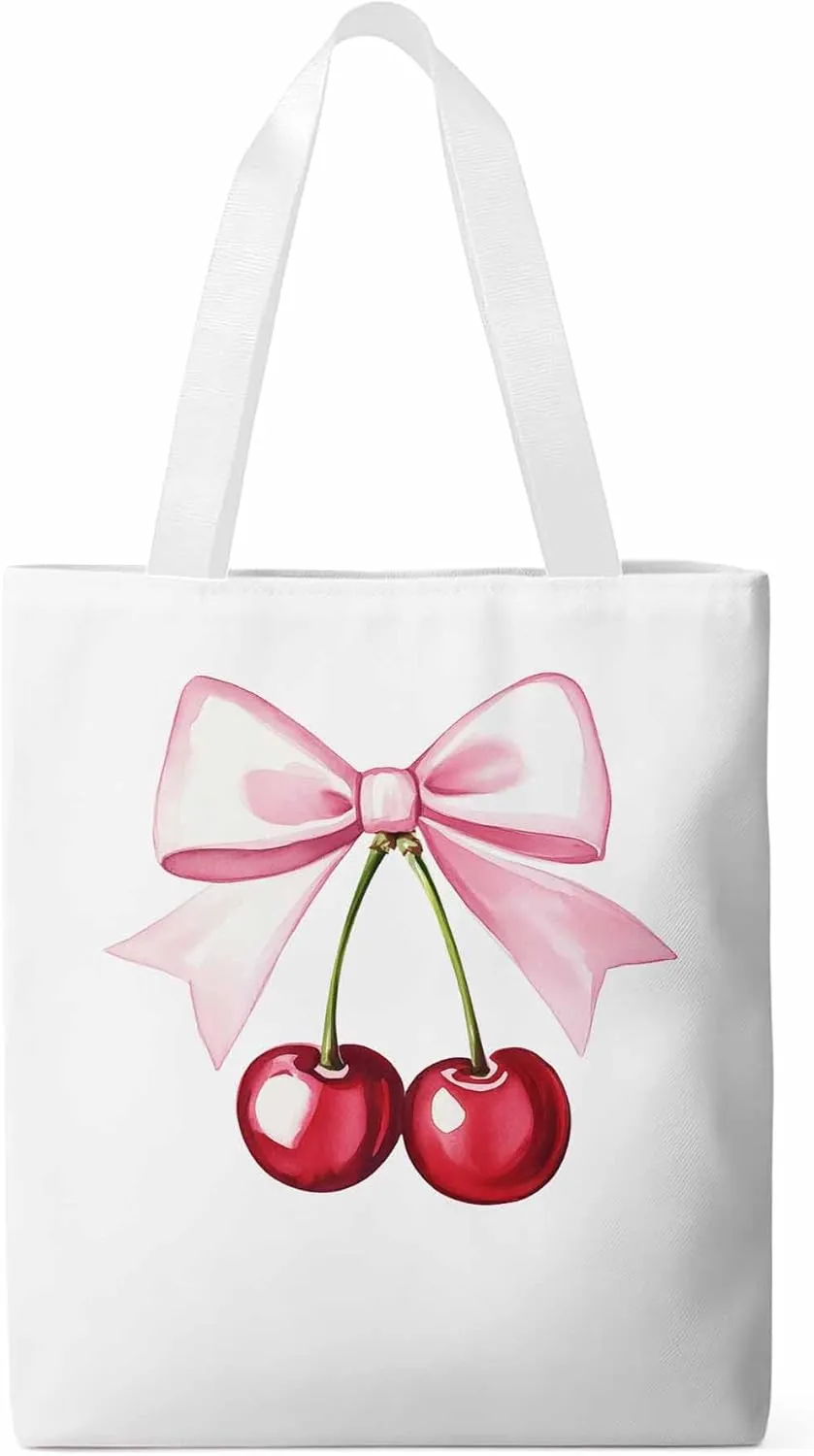 Canvas Tote Bag, Pink Bow Cherry Fruit Aesthetic Canvas Tote Handbags for Women Shoulder Bag,