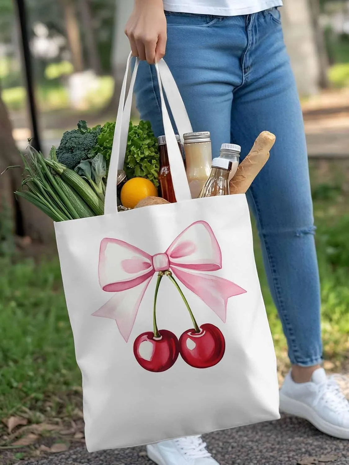 Canvas Tote Bag, Pink Bow Cherry Fruit Aesthetic Canvas Tote Handbags for Women Shoulder Bag,