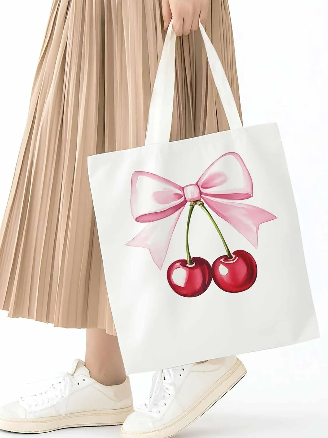 Canvas Tote Bag, Pink Bow Cherry Fruit Aesthetic Canvas Tote Handbags for Women Shoulder Bag,