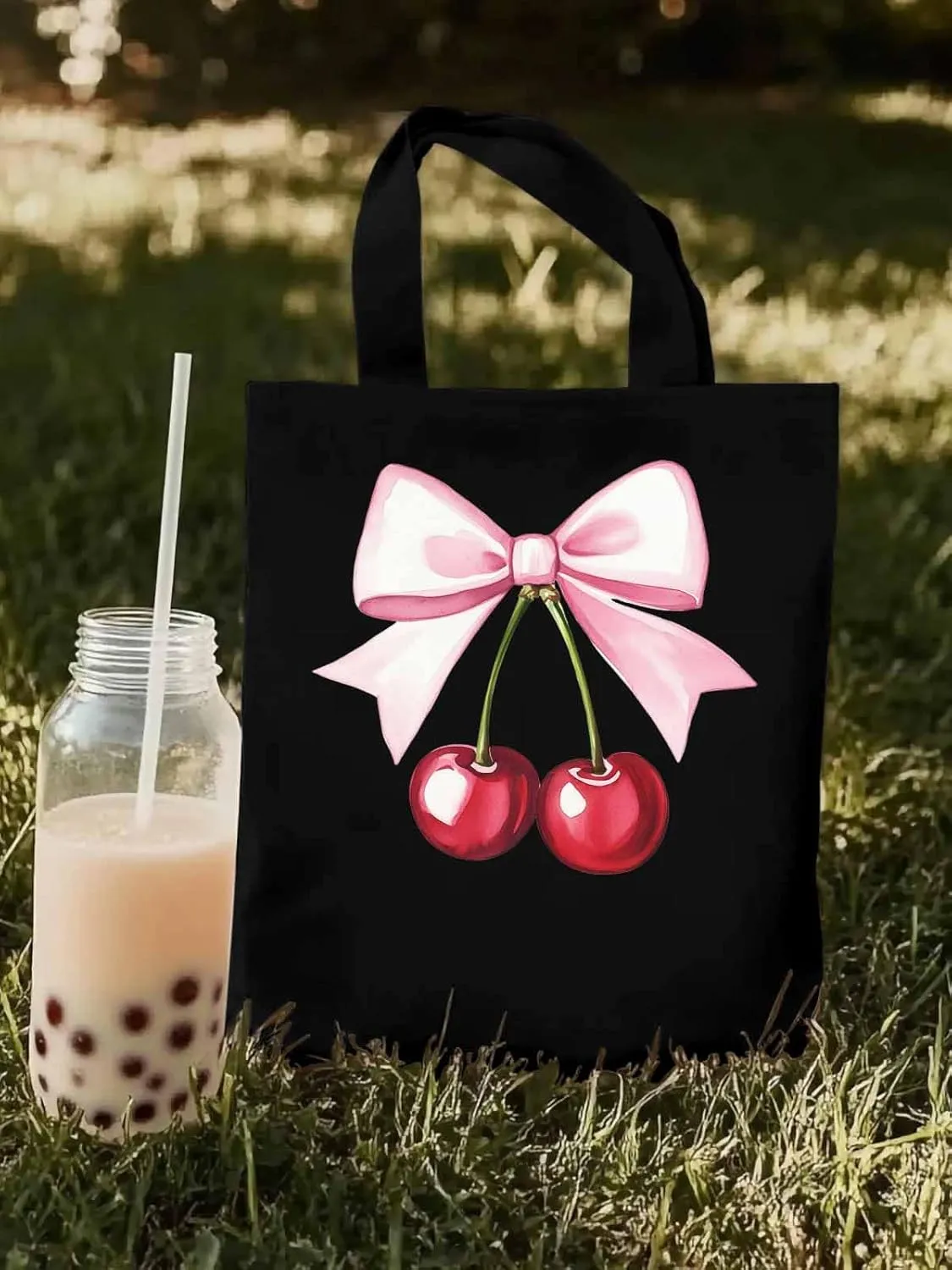 Canvas Tote Bag, Pink Bow Cherry Fruit Aesthetic Canvas Tote Handbags for Women Shoulder Bag,