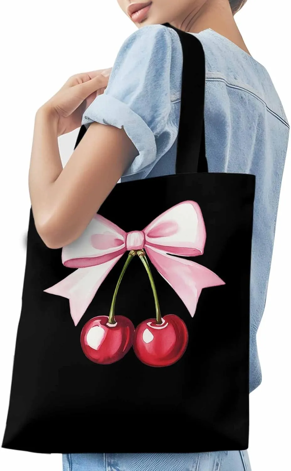 Canvas Tote Bag, Pink Bow Cherry Fruit Aesthetic Canvas Tote Handbags for Women Shoulder Bag,
