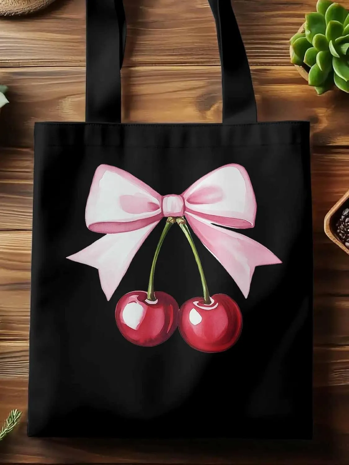 Canvas Tote Bag, Pink Bow Cherry Fruit Aesthetic Canvas Tote Handbags for Women Shoulder Bag,