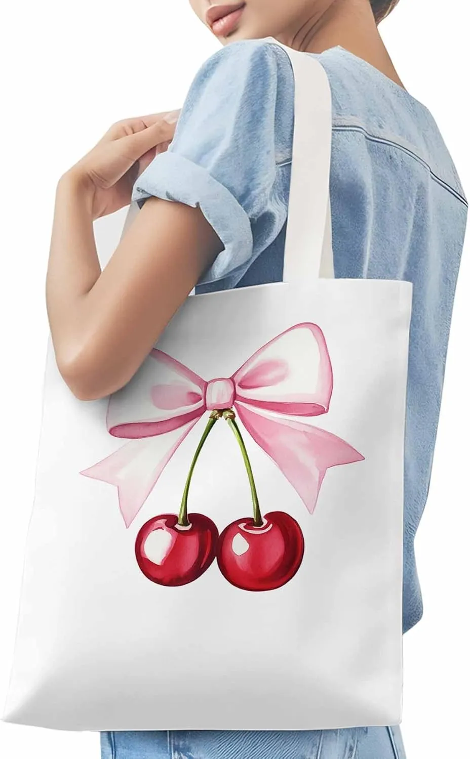 Canvas Tote Bag, Pink Bow Cherry Fruit Aesthetic Canvas Tote Handbags for Women Shoulder Bag,
