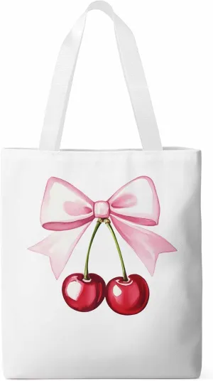 Canvas Tote Bag, Pink Bow Cherry Fruit Aesthetic Canvas Tote Handbags for Women Shoulder Bag,