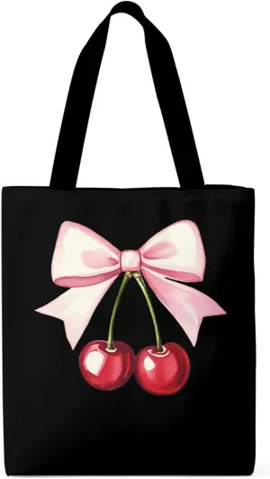 Canvas Tote Bag, Pink Bow Cherry Fruit Aesthetic Canvas Tote Handbags for Women Shoulder Bag,