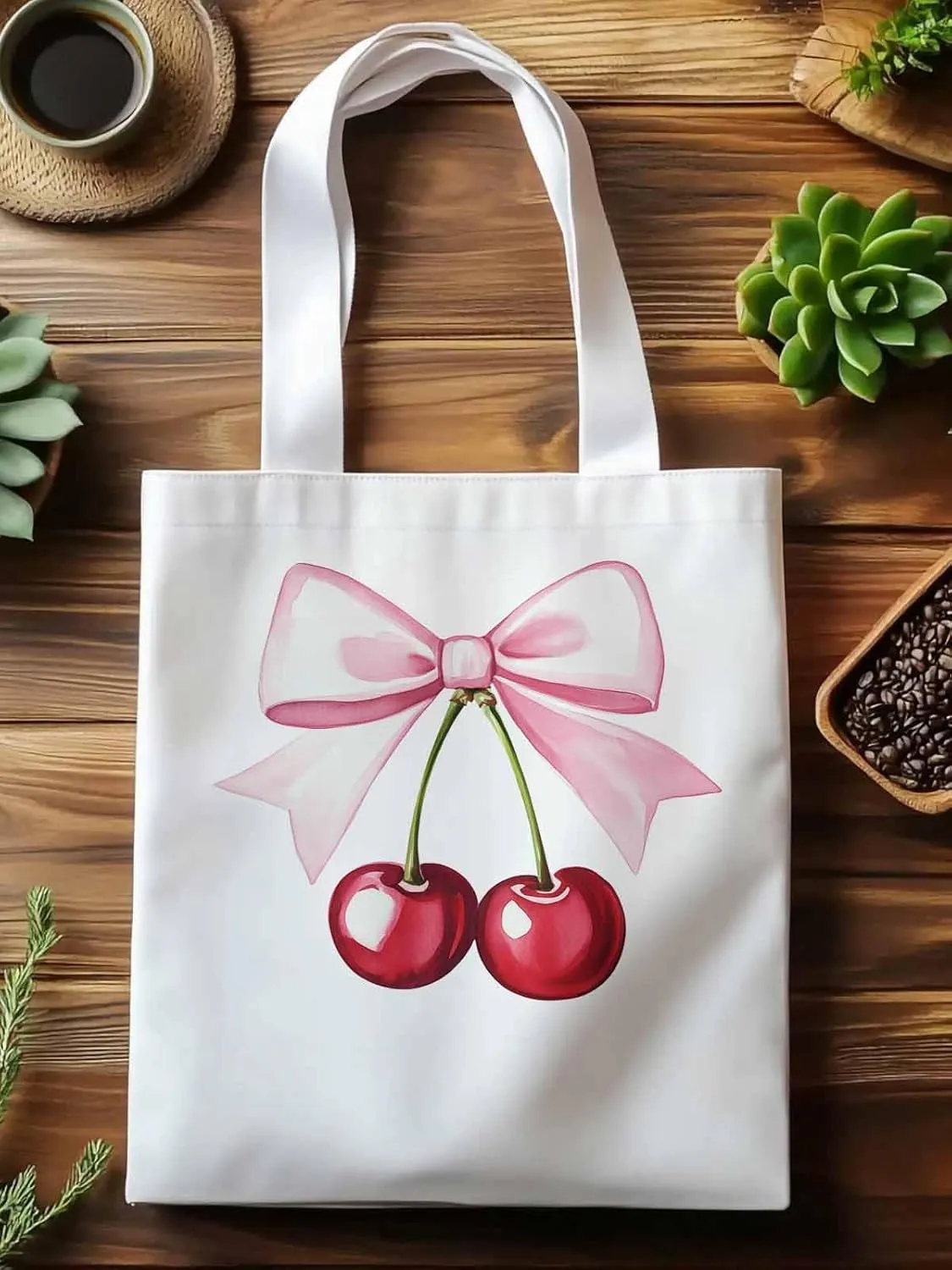 Canvas Tote Bag, Pink Bow Cherry Fruit Aesthetic Canvas Tote Handbags for Women Shoulder Bag,