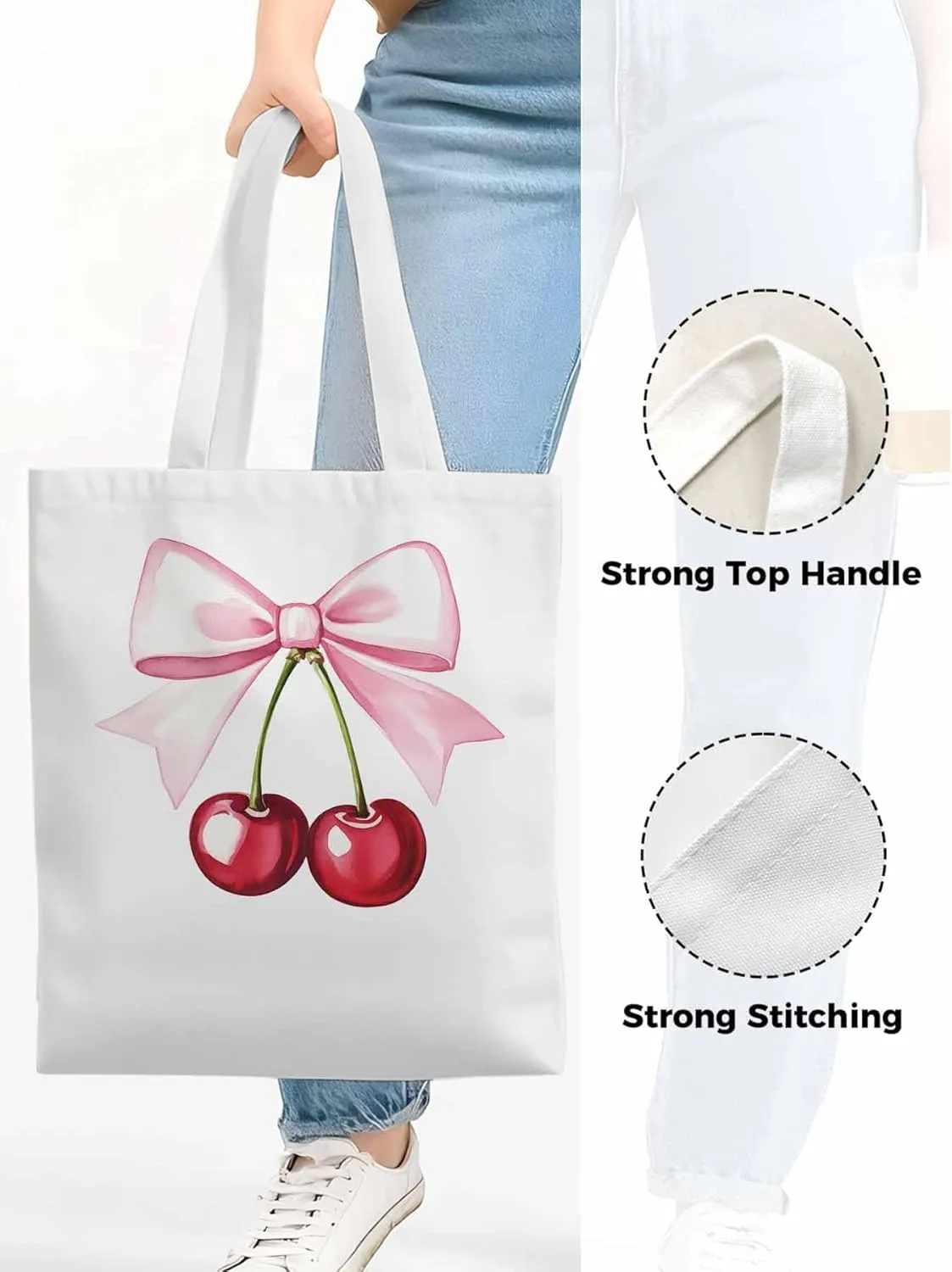 Canvas Tote Bag, Pink Bow Cherry Fruit Aesthetic Canvas Tote Handbags for Women Shoulder Bag,