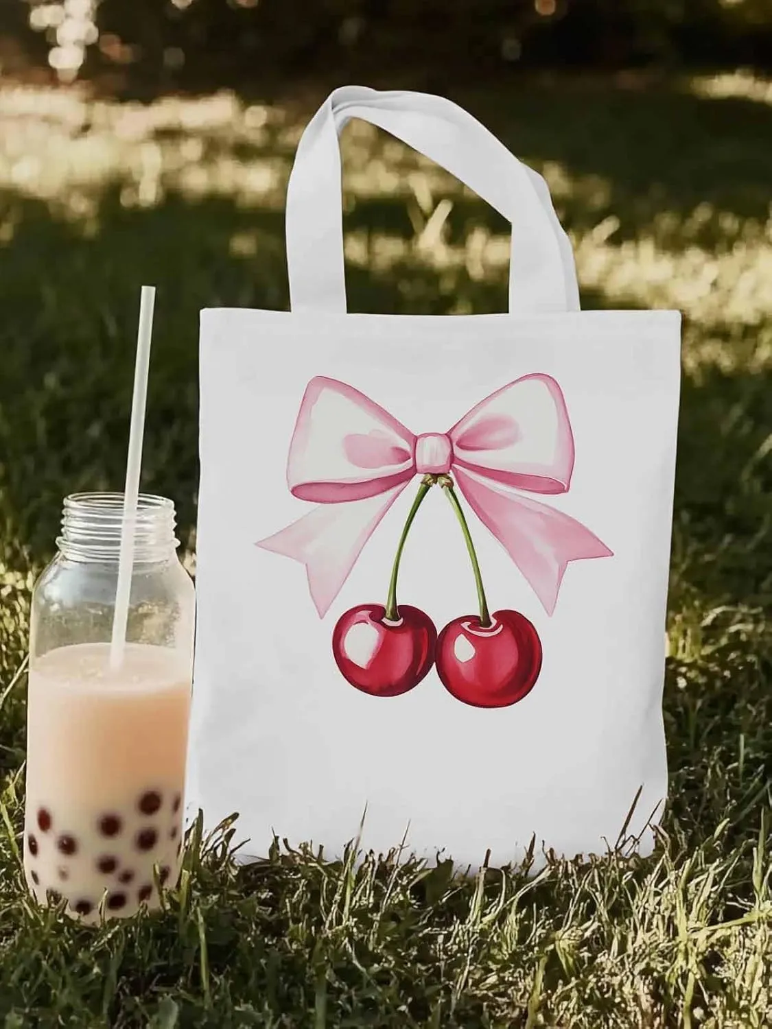 Canvas Tote Bag, Pink Bow Cherry Fruit Aesthetic Canvas Tote Handbags for Women Shoulder Bag,