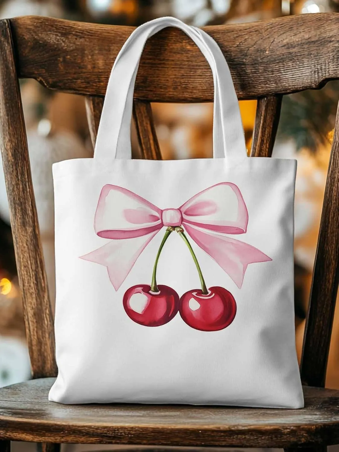 Canvas Tote Bag, Pink Bow Cherry Fruit Aesthetic Canvas Tote Handbags for Women Shoulder Bag,