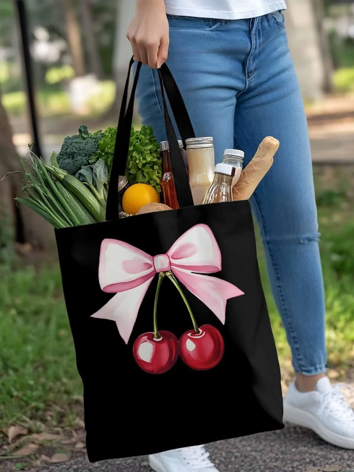 Canvas Tote Bag, Pink Bow Cherry Fruit Aesthetic Canvas Tote Handbags for Women Shoulder Bag,