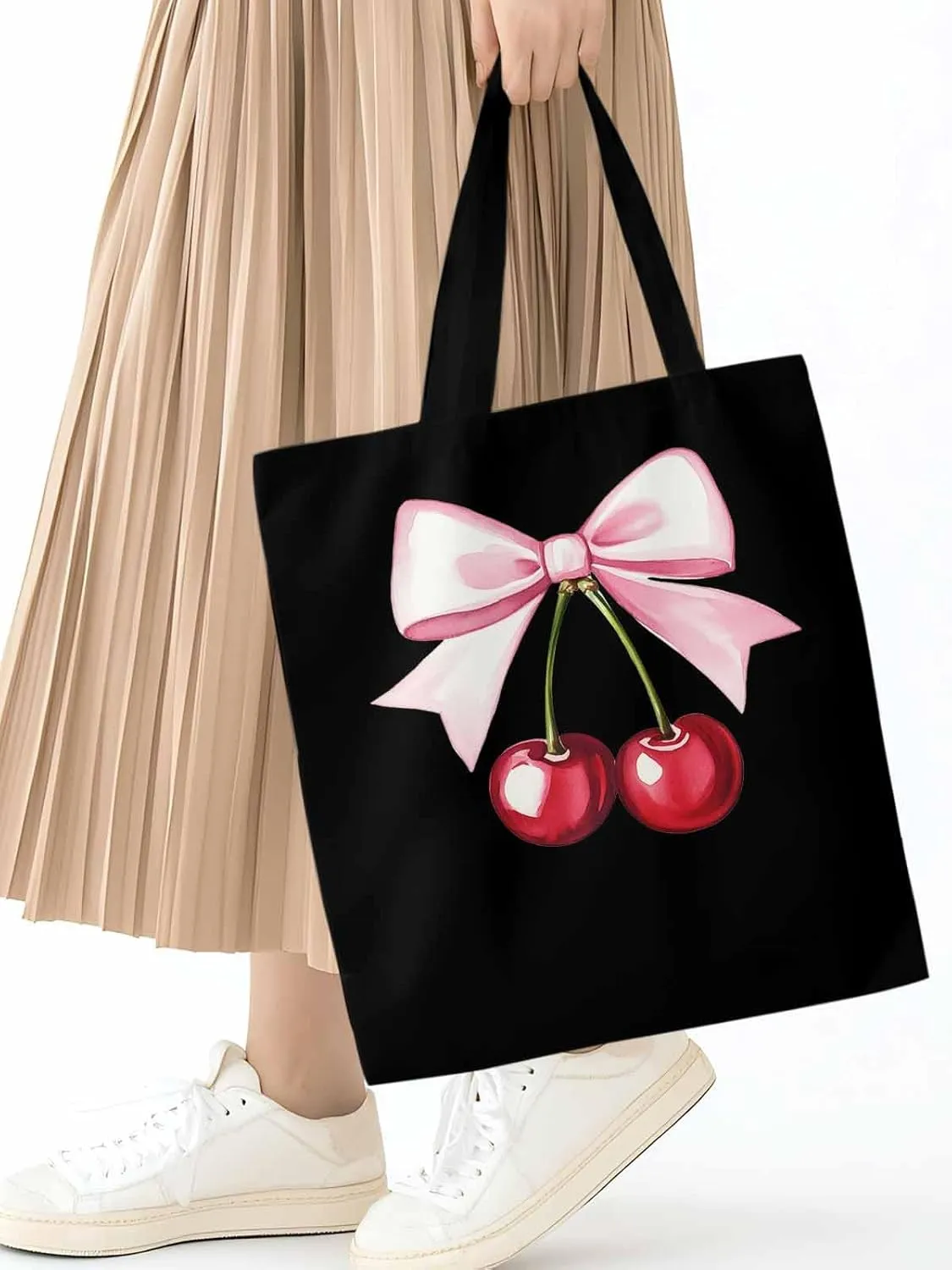 Canvas Tote Bag, Pink Bow Cherry Fruit Aesthetic Canvas Tote Handbags for Women Shoulder Bag,