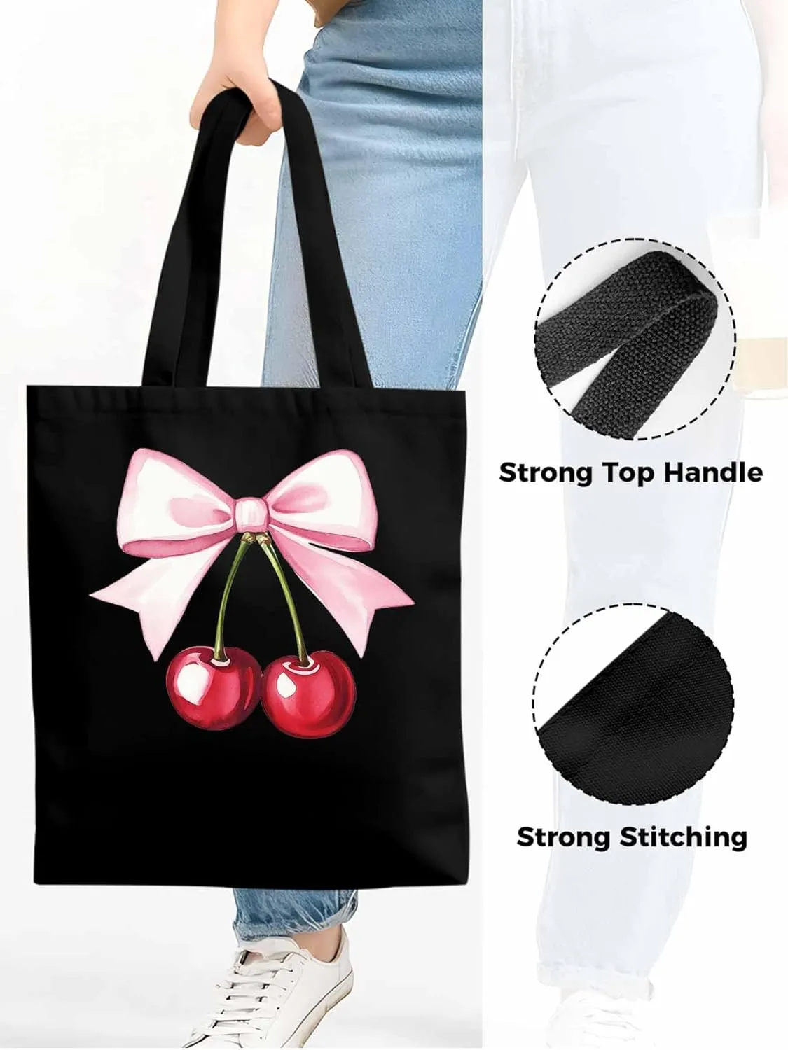 Canvas Tote Bag, Pink Bow Cherry Fruit Aesthetic Canvas Tote Handbags for Women Shoulder Bag,