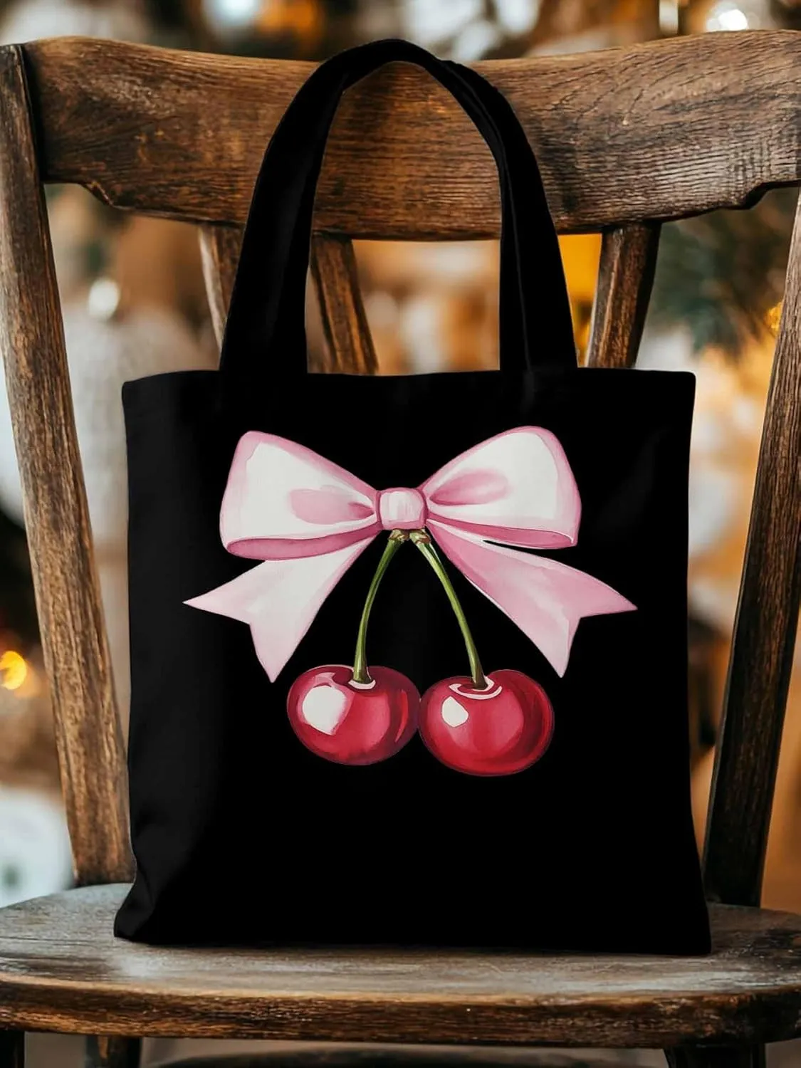 Canvas Tote Bag, Pink Bow Cherry Fruit Aesthetic Canvas Tote Handbags for Women Shoulder Bag,