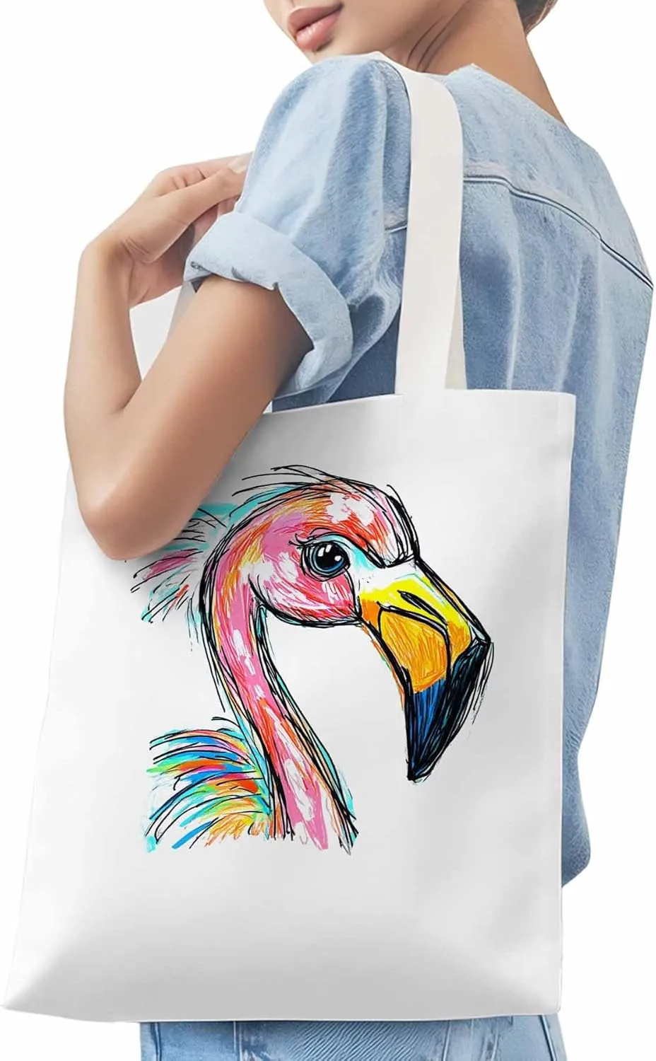 Canvas Tote Bag, Pink Painting Flamingo Aesthetic Canvas Tote Handbags for Women Shoulder Bag