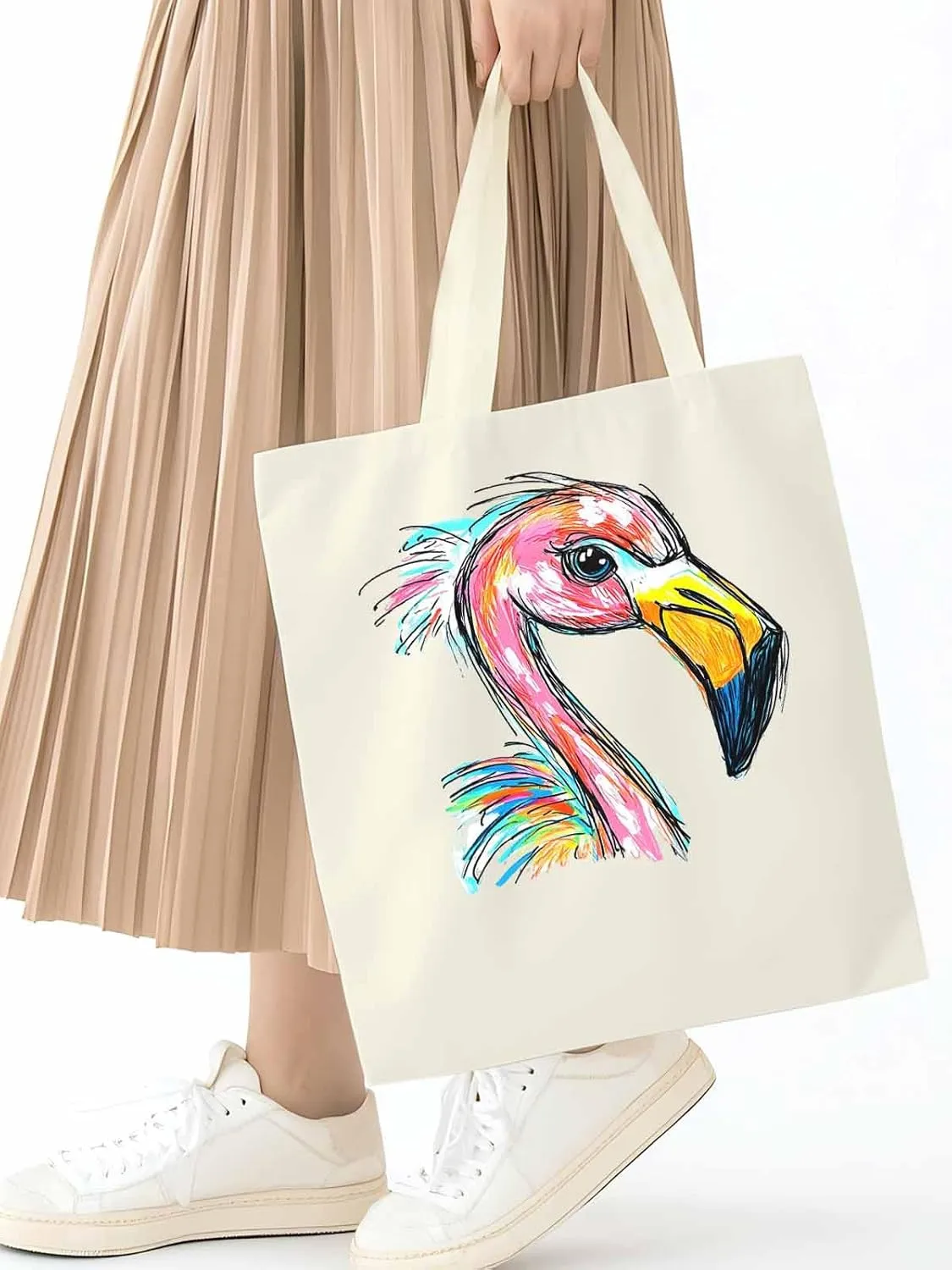 Canvas Tote Bag, Pink Painting Flamingo Aesthetic Canvas Tote Handbags for Women Shoulder Bag