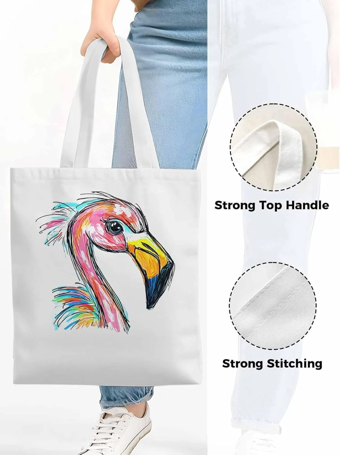 Canvas Tote Bag, Pink Painting Flamingo Aesthetic Canvas Tote Handbags for Women Shoulder Bag