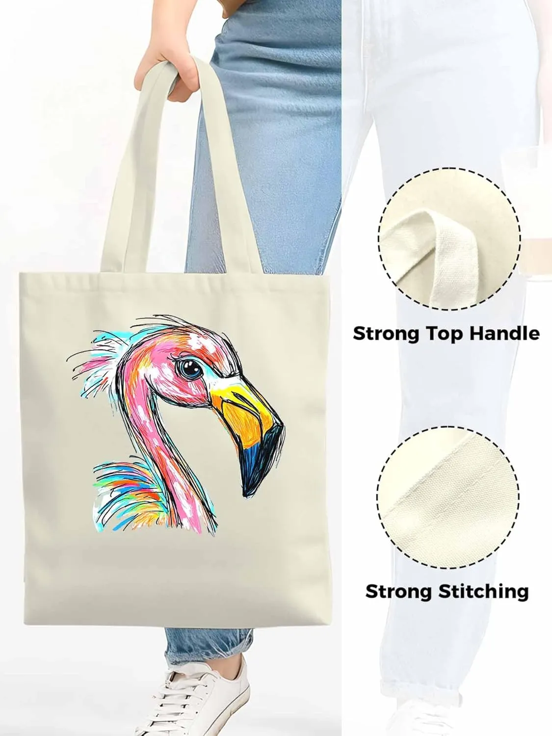 Canvas Tote Bag, Pink Painting Flamingo Aesthetic Canvas Tote Handbags for Women Shoulder Bag