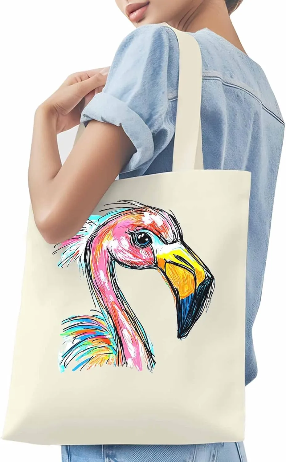 Canvas Tote Bag, Pink Painting Flamingo Aesthetic Canvas Tote Handbags for Women Shoulder Bag