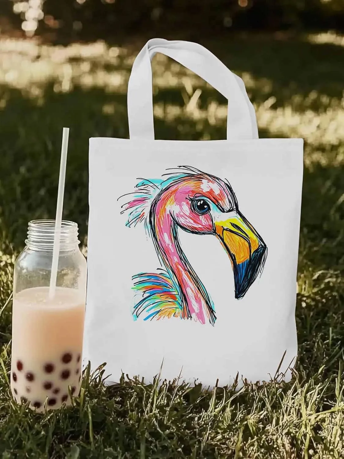 Canvas Tote Bag, Pink Painting Flamingo Aesthetic Canvas Tote Handbags for Women Shoulder Bag
