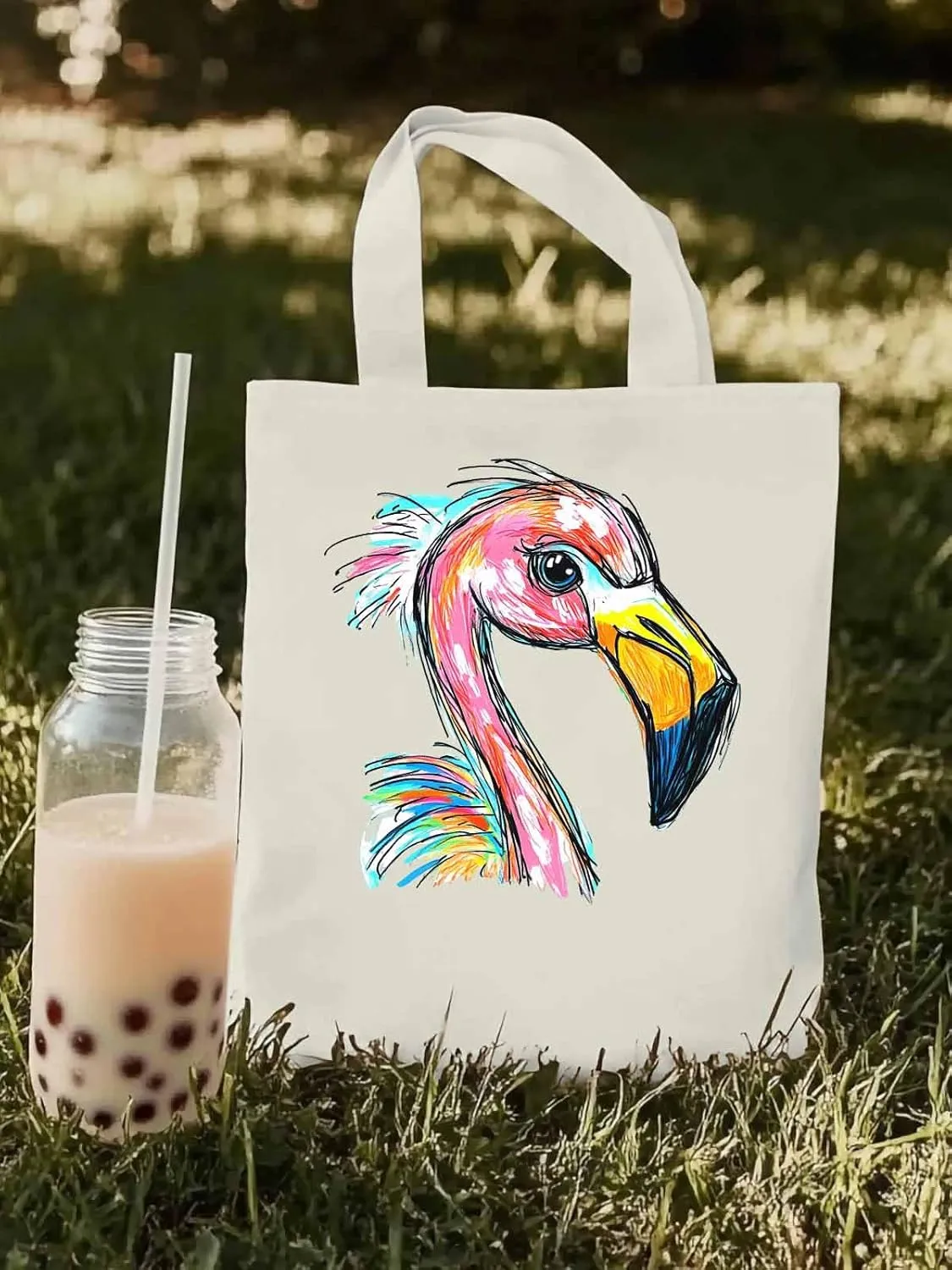 Canvas Tote Bag, Pink Painting Flamingo Aesthetic Canvas Tote Handbags for Women Shoulder Bag