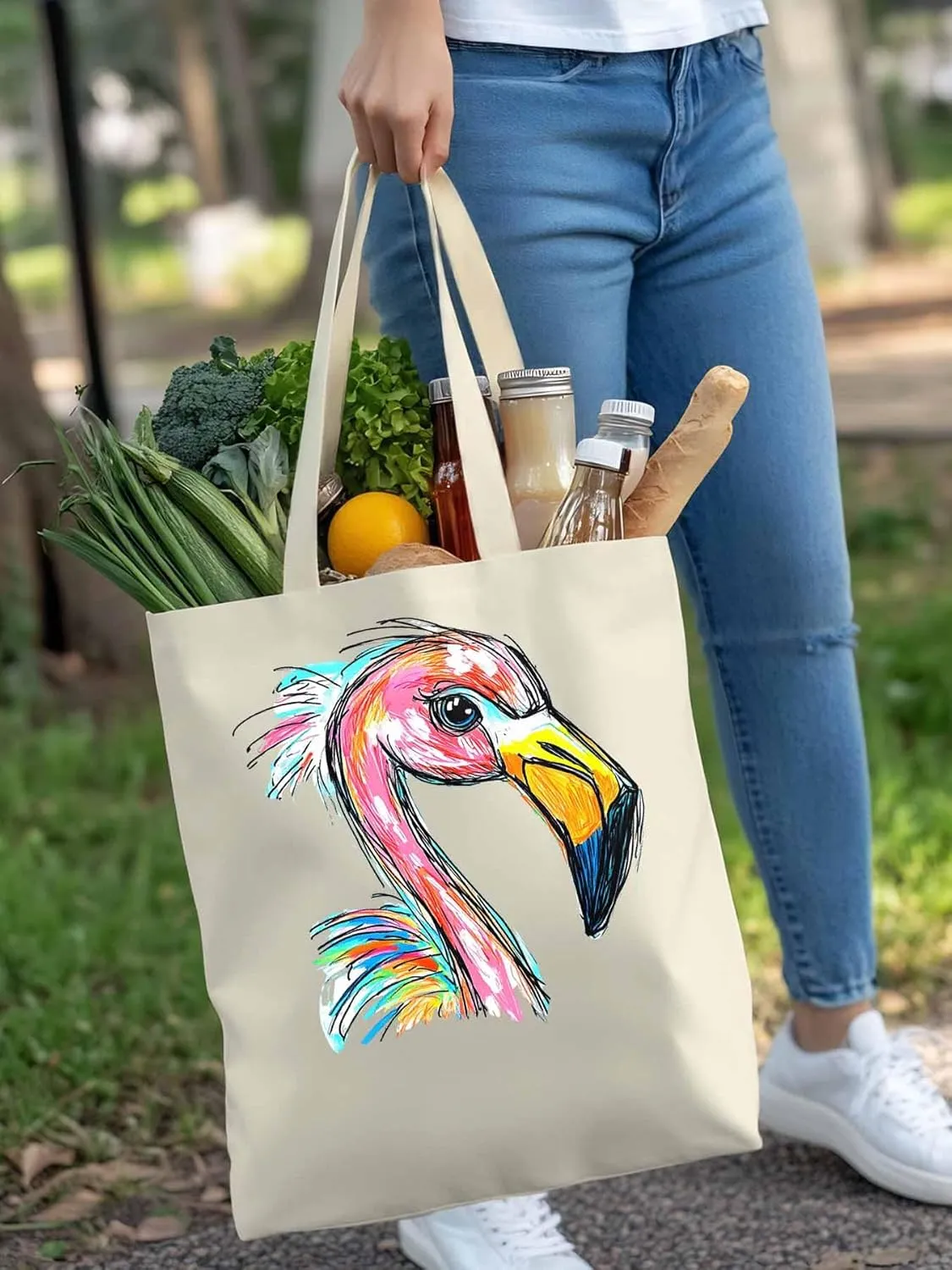 Canvas Tote Bag, Pink Painting Flamingo Aesthetic Canvas Tote Handbags for Women Shoulder Bag
