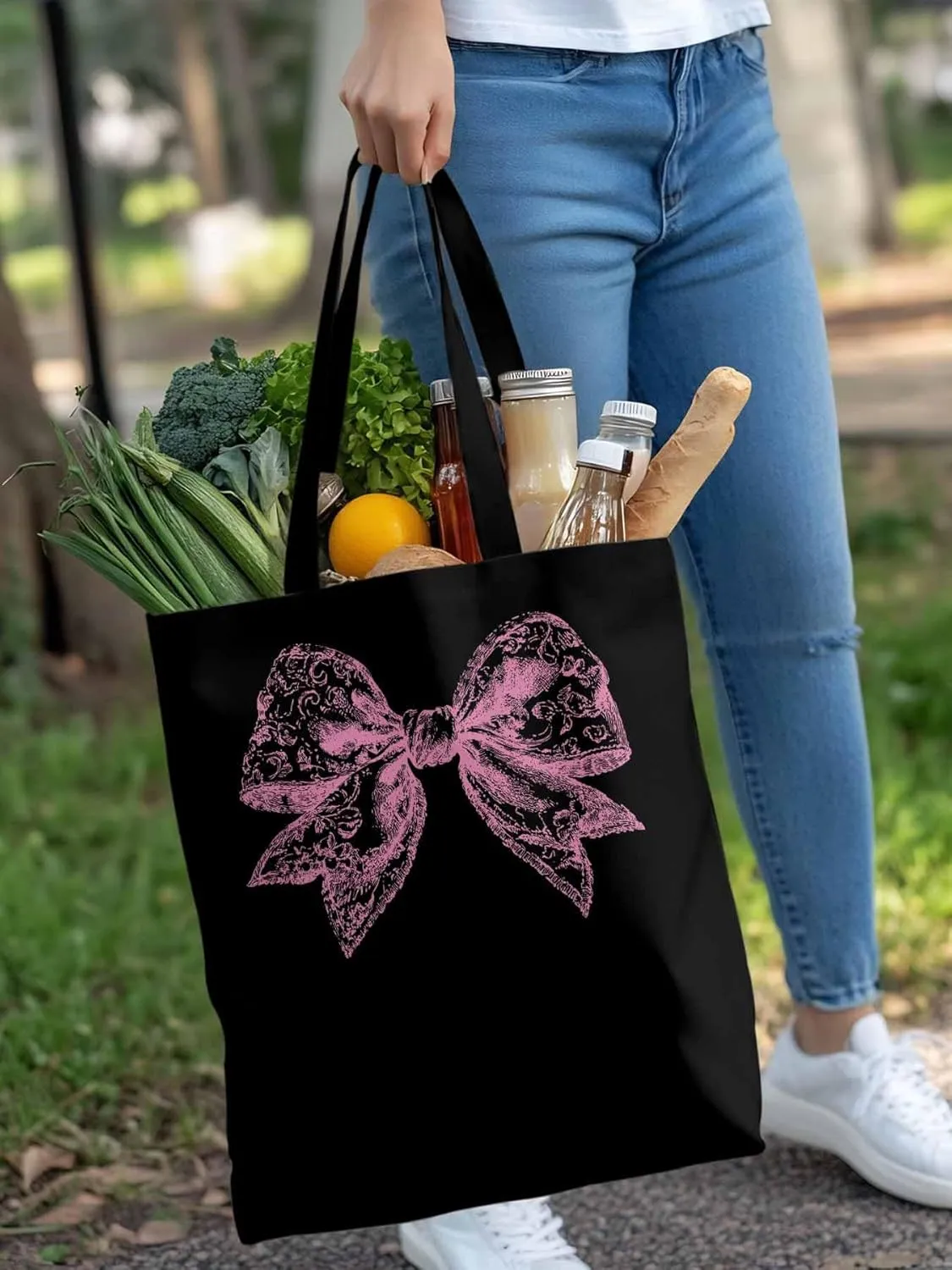 Canvas Tote Bag, Pink Pretty Lace Floral Bowknot Aesthetic Canvas Tote Handbags for Women Shoulder Bag