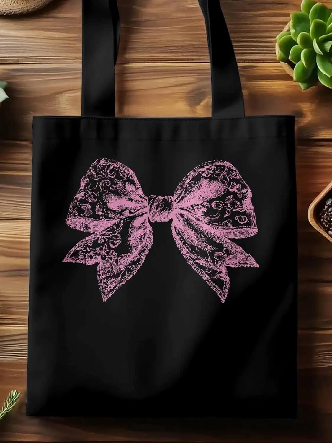 Canvas Tote Bag, Pink Pretty Lace Floral Bowknot Aesthetic Canvas Tote Handbags for Women Shoulder Bag