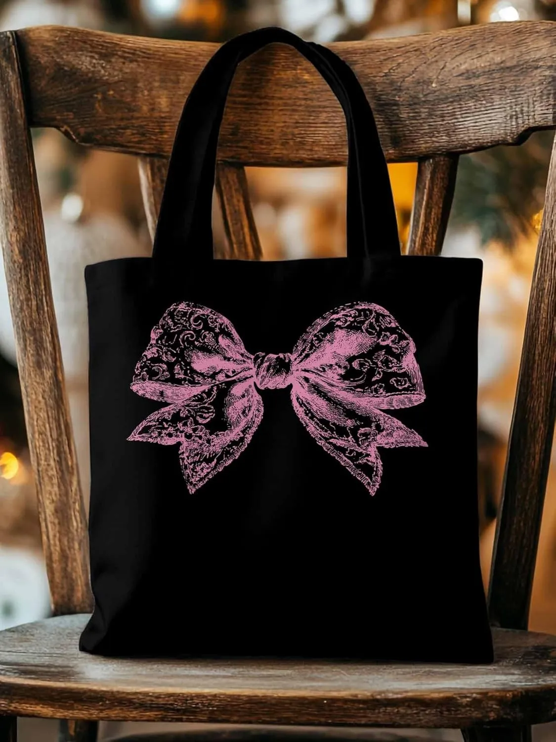 Canvas Tote Bag, Pink Pretty Lace Floral Bowknot Aesthetic Canvas Tote Handbags for Women Shoulder Bag