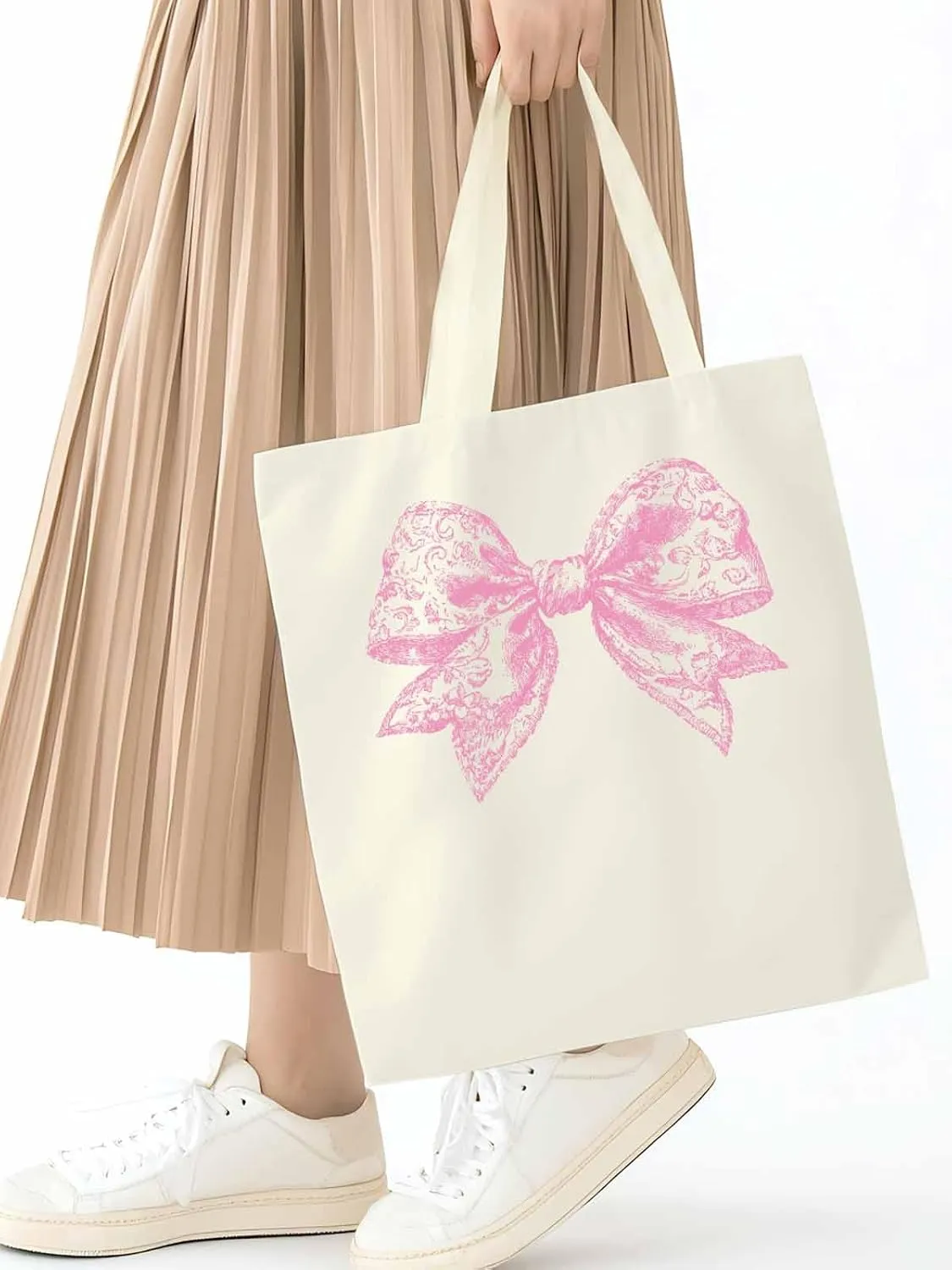 Canvas Tote Bag, Pink Pretty Lace Floral Bowknot Aesthetic Canvas Tote Handbags for Women Shoulder Bag