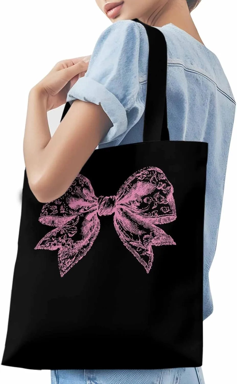 Canvas Tote Bag, Pink Pretty Lace Floral Bowknot Aesthetic Canvas Tote Handbags for Women Shoulder Bag