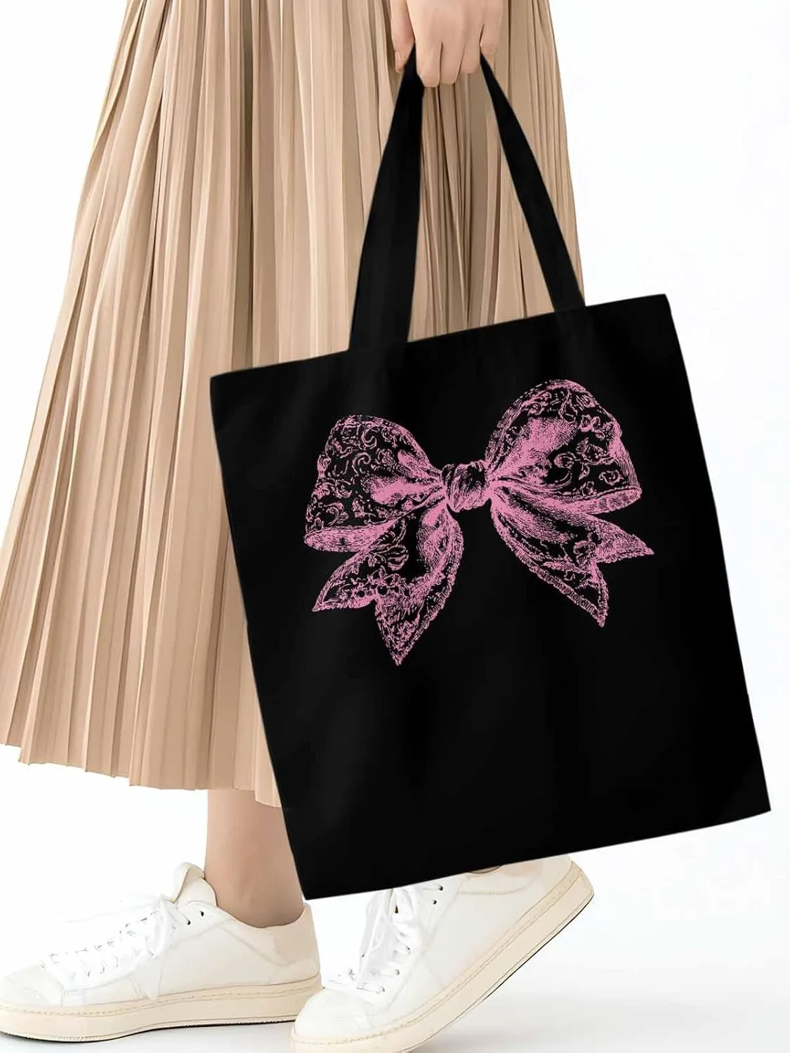 Canvas Tote Bag, Pink Pretty Lace Floral Bowknot Aesthetic Canvas Tote Handbags for Women Shoulder Bag