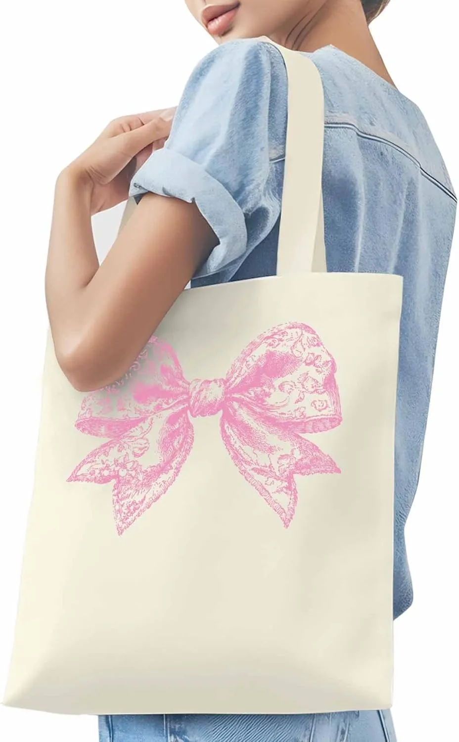 Canvas Tote Bag, Pink Pretty Lace Floral Bowknot Aesthetic Canvas Tote Handbags for Women Shoulder Bag