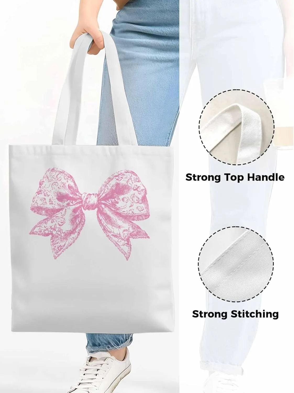 Canvas Tote Bag, Pink Pretty Lace Floral Bowknot Aesthetic Canvas Tote Handbags for Women Shoulder Bag
