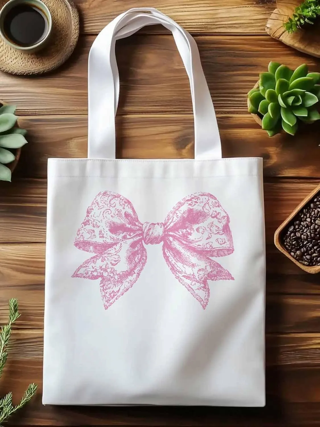 Canvas Tote Bag, Pink Pretty Lace Floral Bowknot Aesthetic Canvas Tote Handbags for Women Shoulder Bag