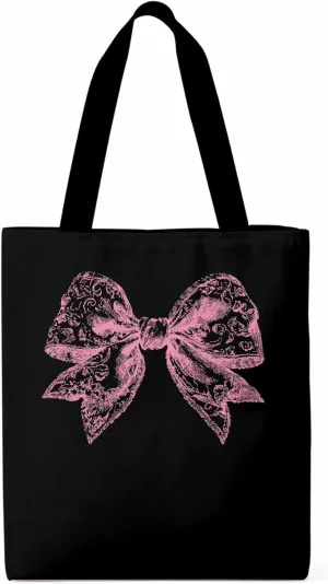 Canvas Tote Bag, Pink Pretty Lace Floral Bowknot Aesthetic Canvas Tote Handbags for Women Shoulder Bag