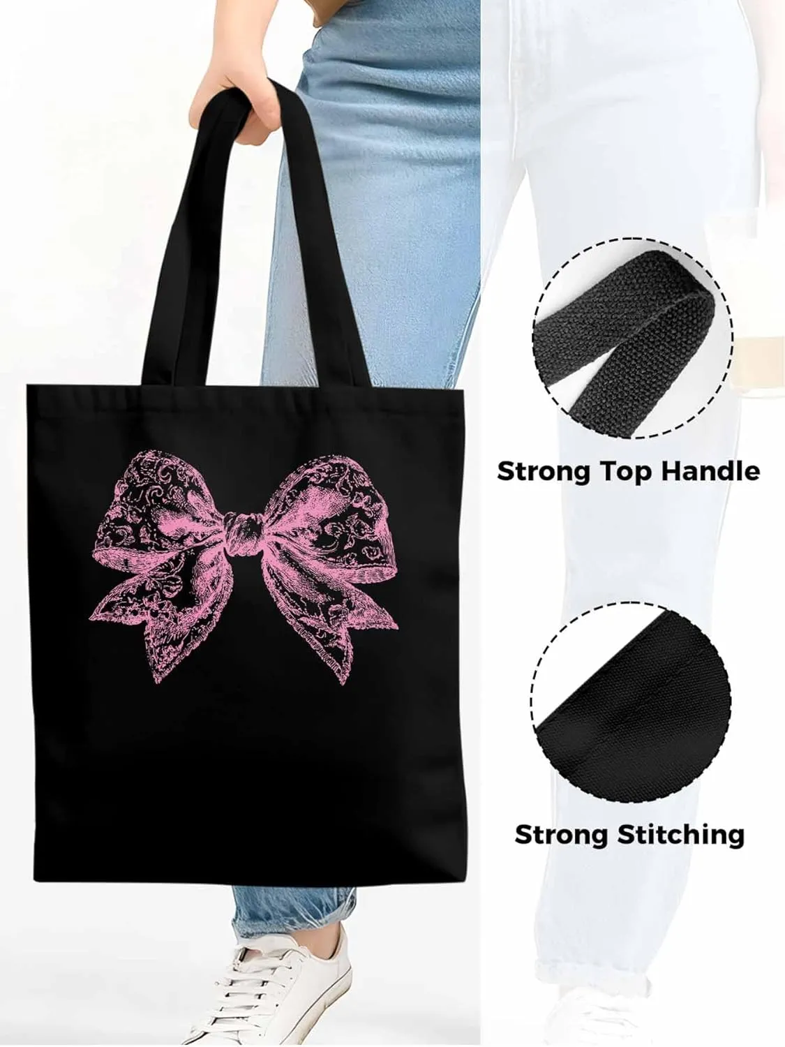 Canvas Tote Bag, Pink Pretty Lace Floral Bowknot Aesthetic Canvas Tote Handbags for Women Shoulder Bag