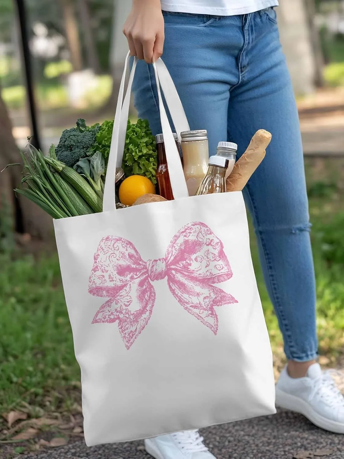 Canvas Tote Bag, Pink Pretty Lace Floral Bowknot Aesthetic Canvas Tote Handbags for Women Shoulder Bag
