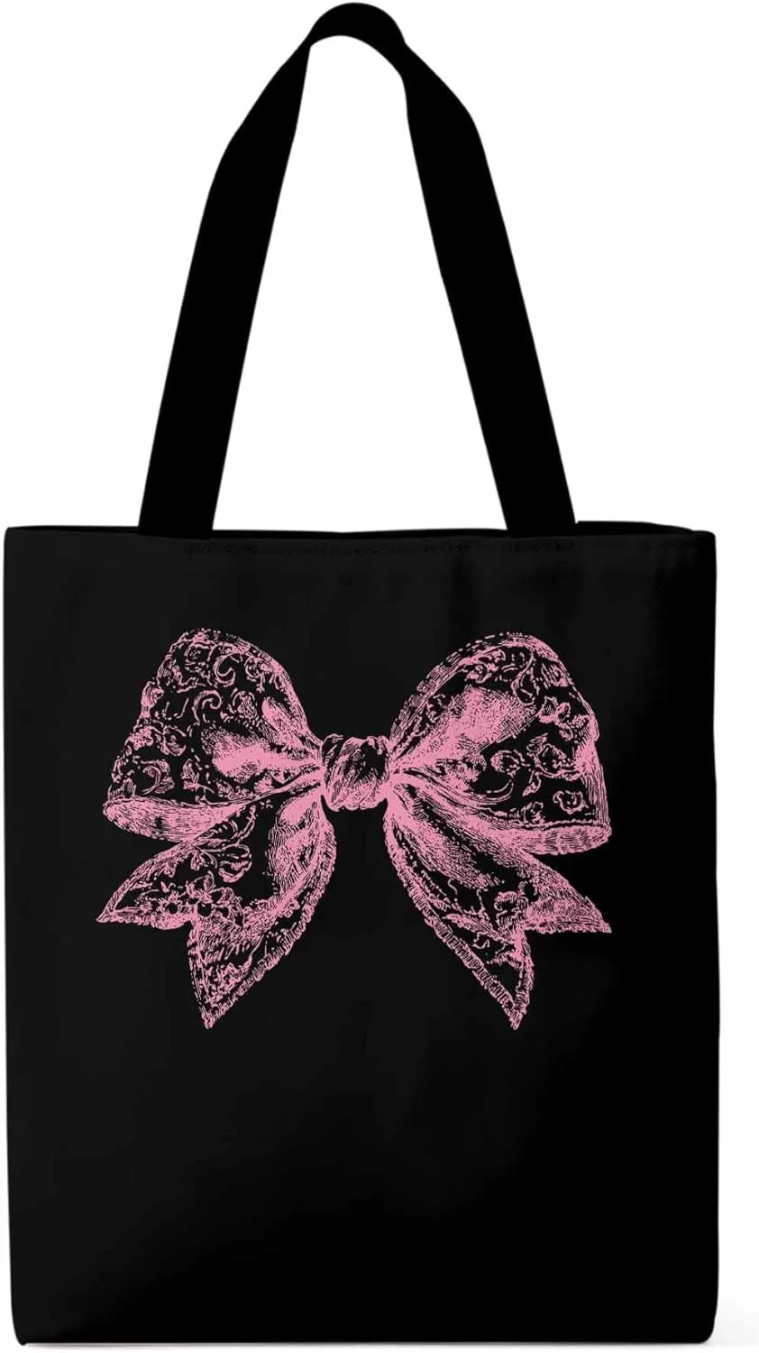 Canvas Tote Bag, Pink Pretty Lace Floral Bowknot Aesthetic Canvas Tote Handbags for Women Shoulder Bag