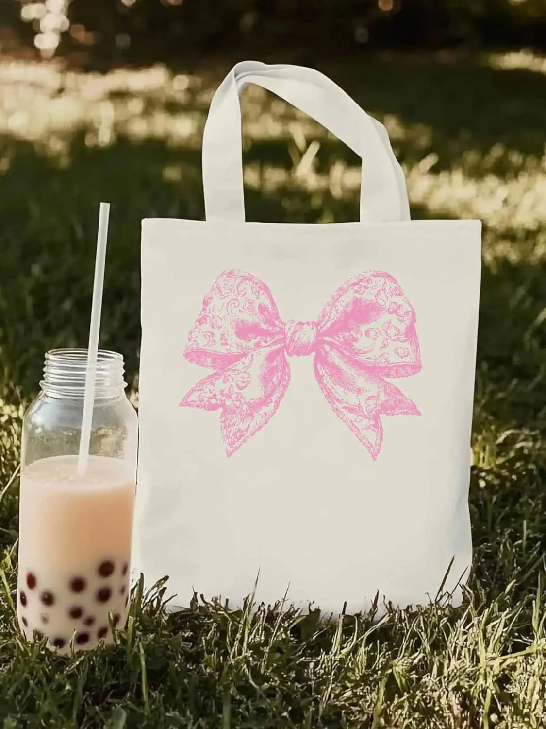 Canvas Tote Bag, Pink Pretty Lace Floral Bowknot Aesthetic Canvas Tote Handbags for Women Shoulder Bag