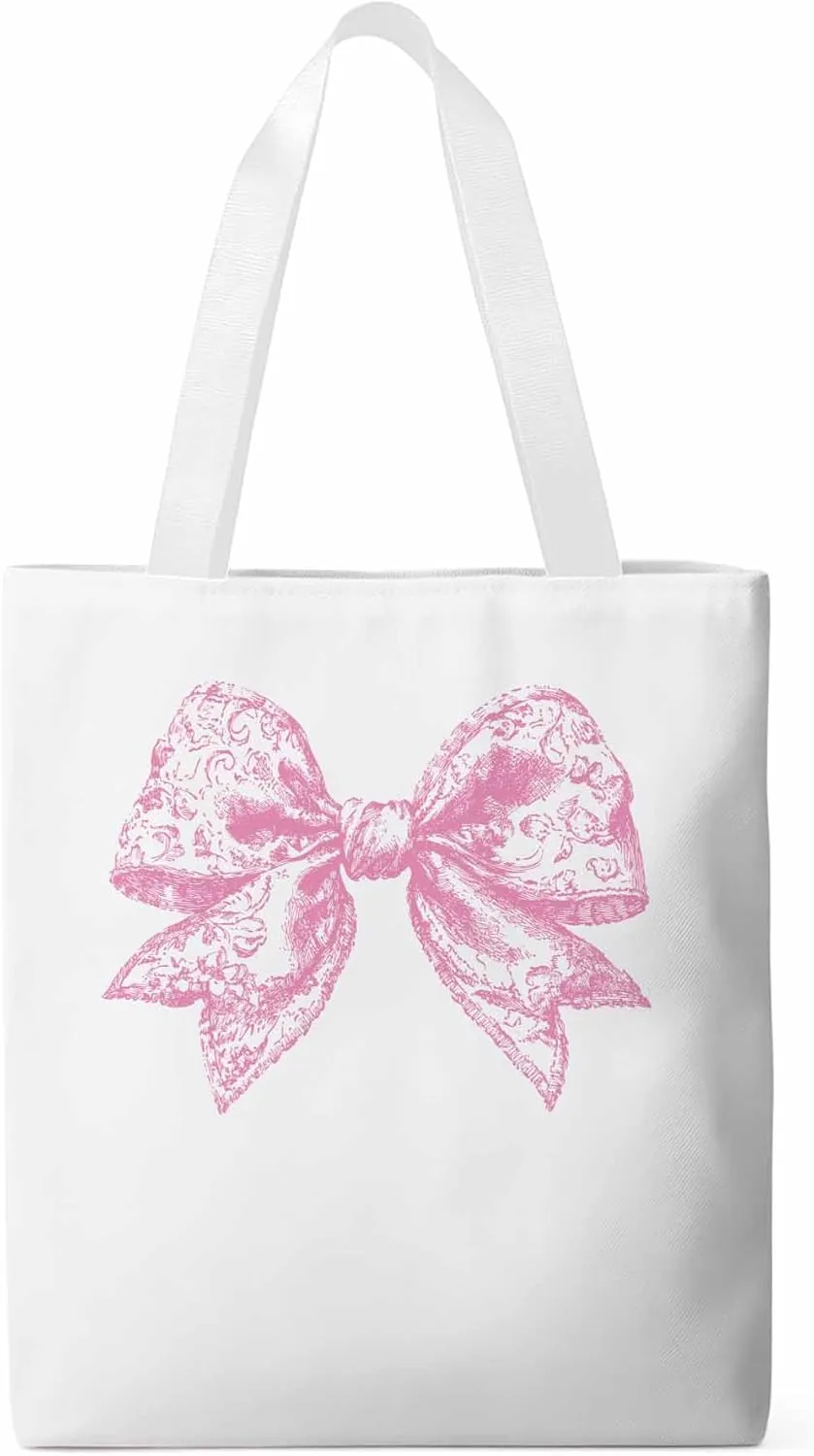 Canvas Tote Bag, Pink Pretty Lace Floral Bowknot Aesthetic Canvas Tote Handbags for Women Shoulder Bag