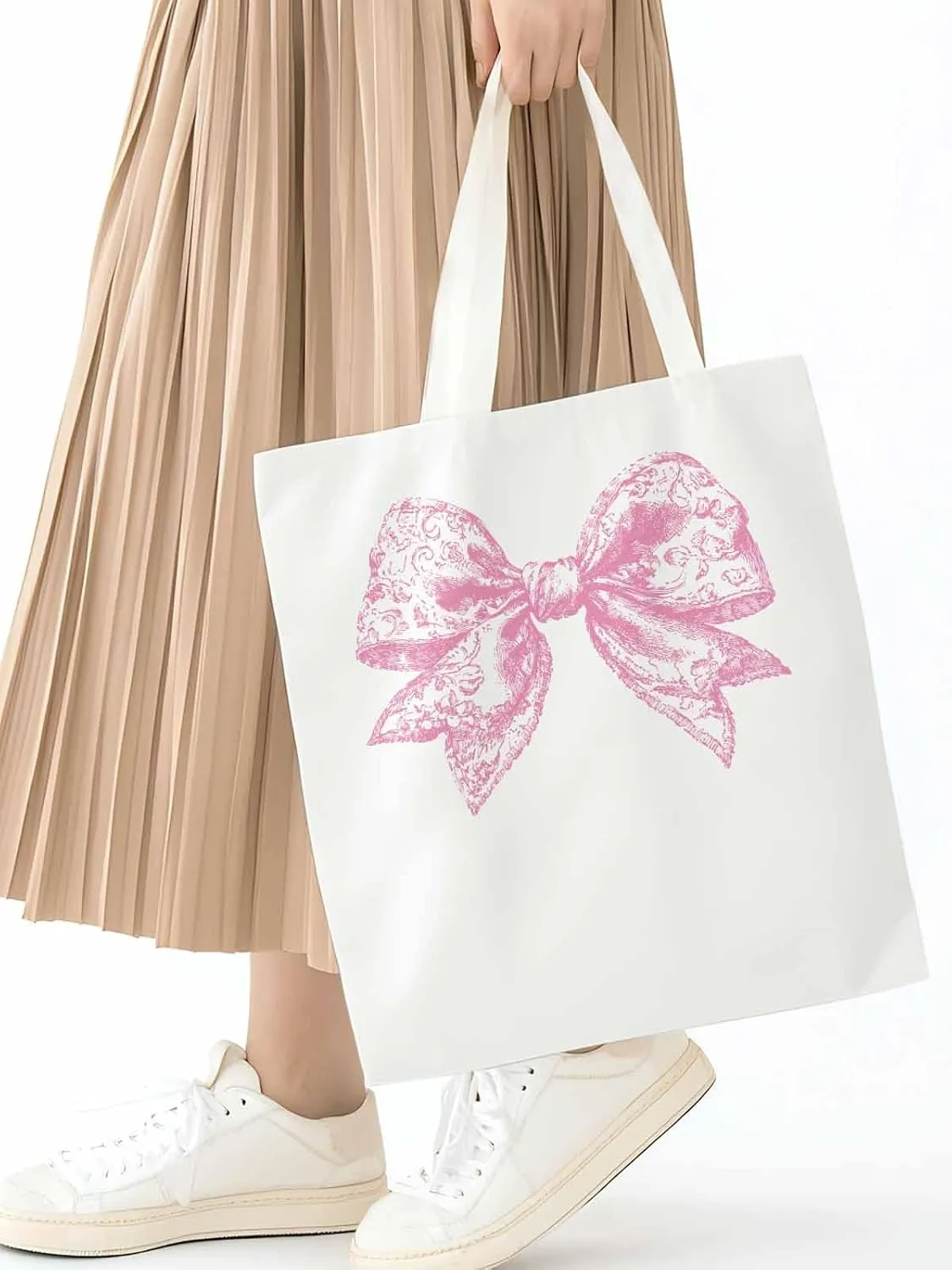 Canvas Tote Bag, Pink Pretty Lace Floral Bowknot Aesthetic Canvas Tote Handbags for Women Shoulder Bag