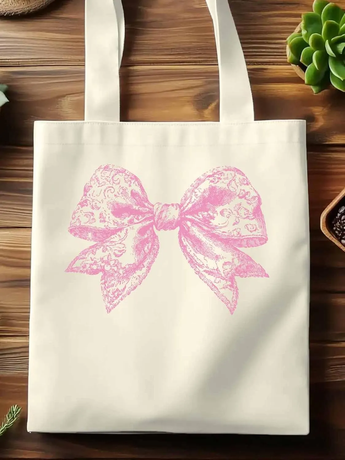 Canvas Tote Bag, Pink Pretty Lace Floral Bowknot Aesthetic Canvas Tote Handbags for Women Shoulder Bag